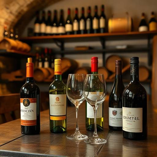 Mesa de cata de vinos con botellas y copas en una bodega tradicional espa&ntilde;ola
