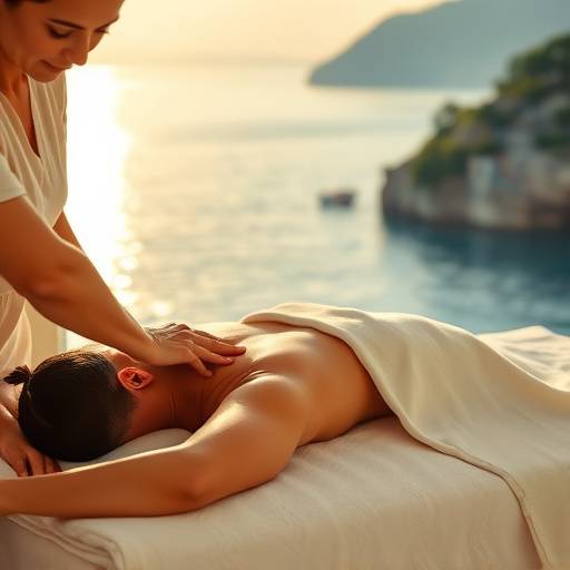 Mujer recibiendo un masaje relajante en un spa de lujo con vistas al mar Mediterr&aacute;neo