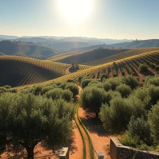 Paisaje de campos de olivos ondulantes bajo el sol en Andaluc&iacute;a