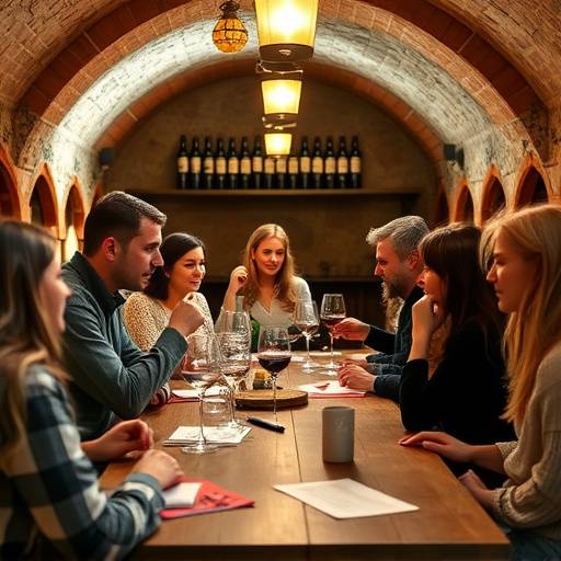 Un grupo de personas disfrutando de una cata de vinos en una bodega tradicional espa&ntilde;ola